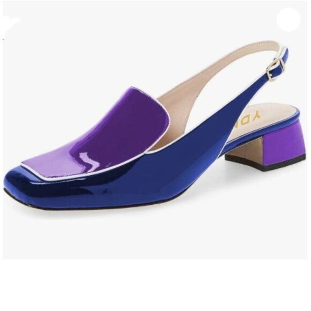 YDN Blue and Purple Closed Square Toe Block Low Heels Slingback Loafer Shoes